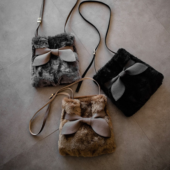 高品質環保皮草和真皮絲帶單肩包 [黑色/黑色] 第9張的照片