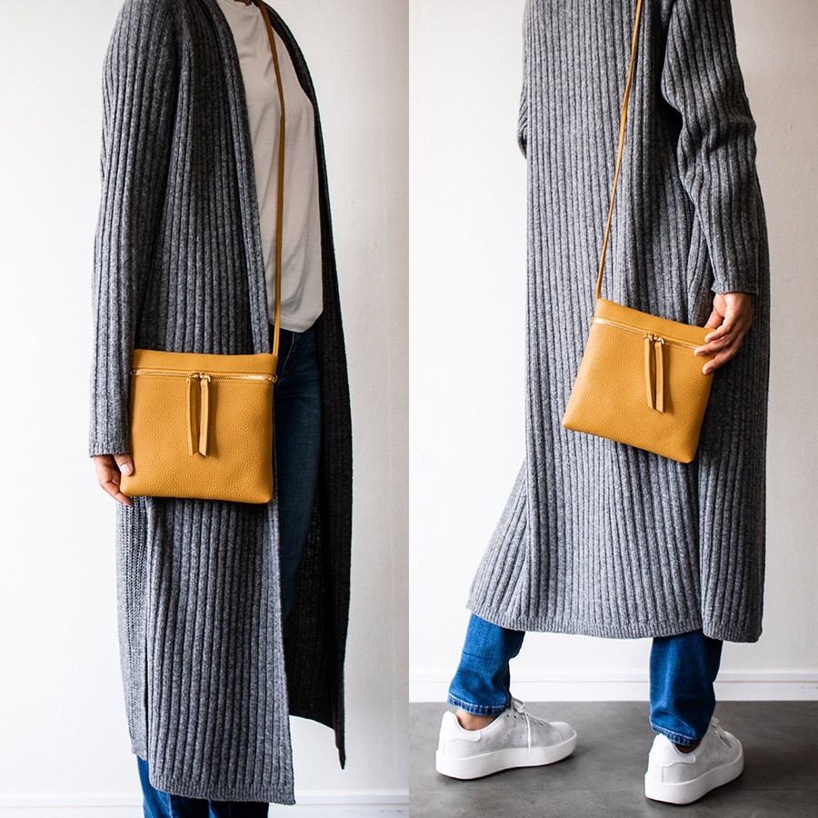 (小) イタリア製本革 ミニショルダー ポシェット サコッシュお出かけ 便利 【シルバー】