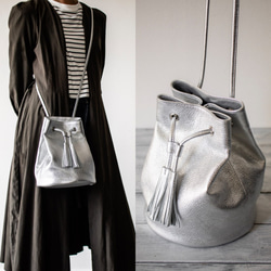 義大利真皮單肩包 2way 抽繩包 [銀色] 第4張的照片