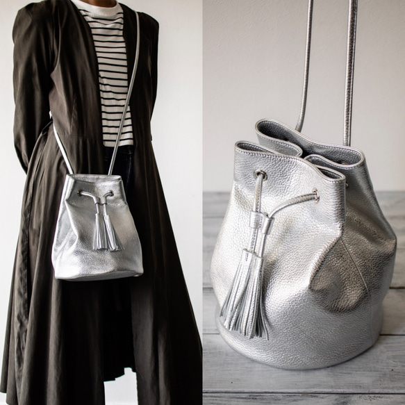 義大利真皮單肩包 2way 抽繩包 [銀色] 第4張的照片