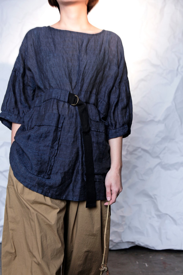 THE LIGHT_3/4 puff sleeve linen top with belt and pockets 2枚目の画像