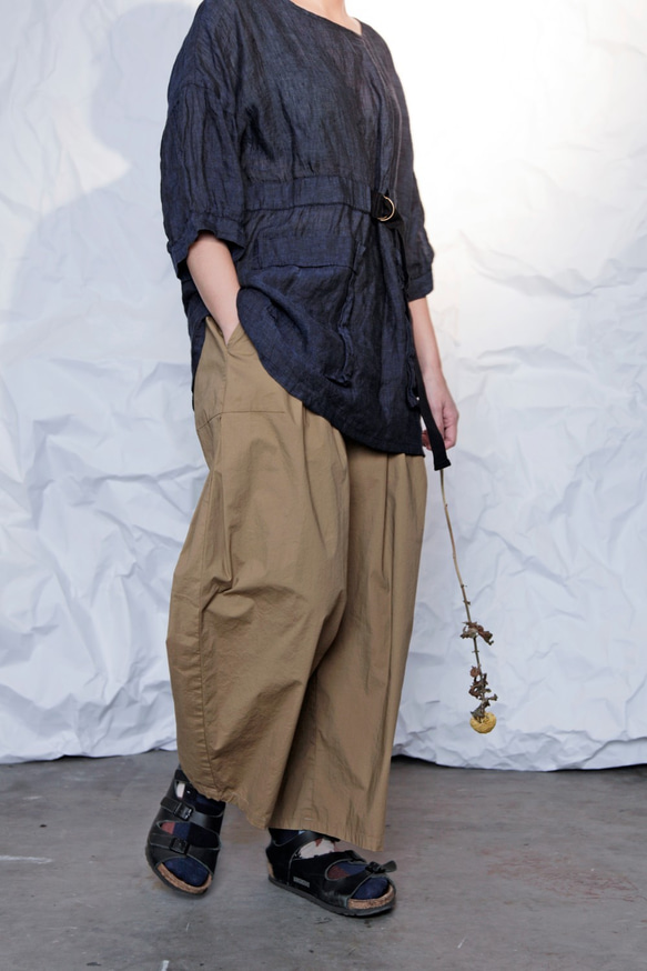THE LIGHT_3/4 puff sleeve linen top with belt and pockets 3枚目の画像
