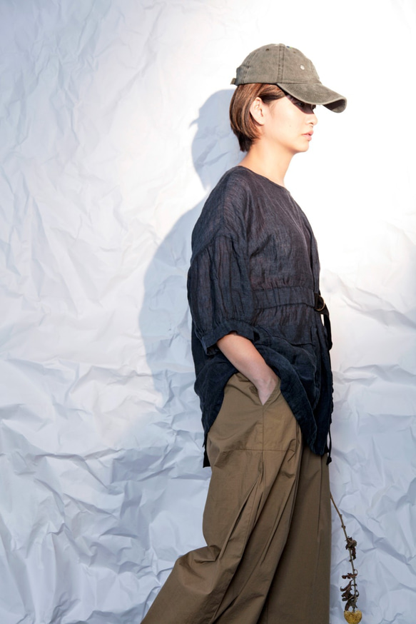 THE LIGHT_3/4 puff sleeve linen top with belt and pockets 4枚目の画像