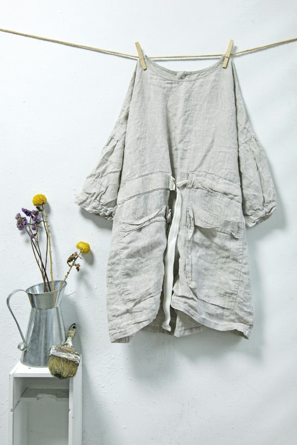 THE LIGHT_3/4 puff sleeve linen top with belt and pockets 7枚目の画像