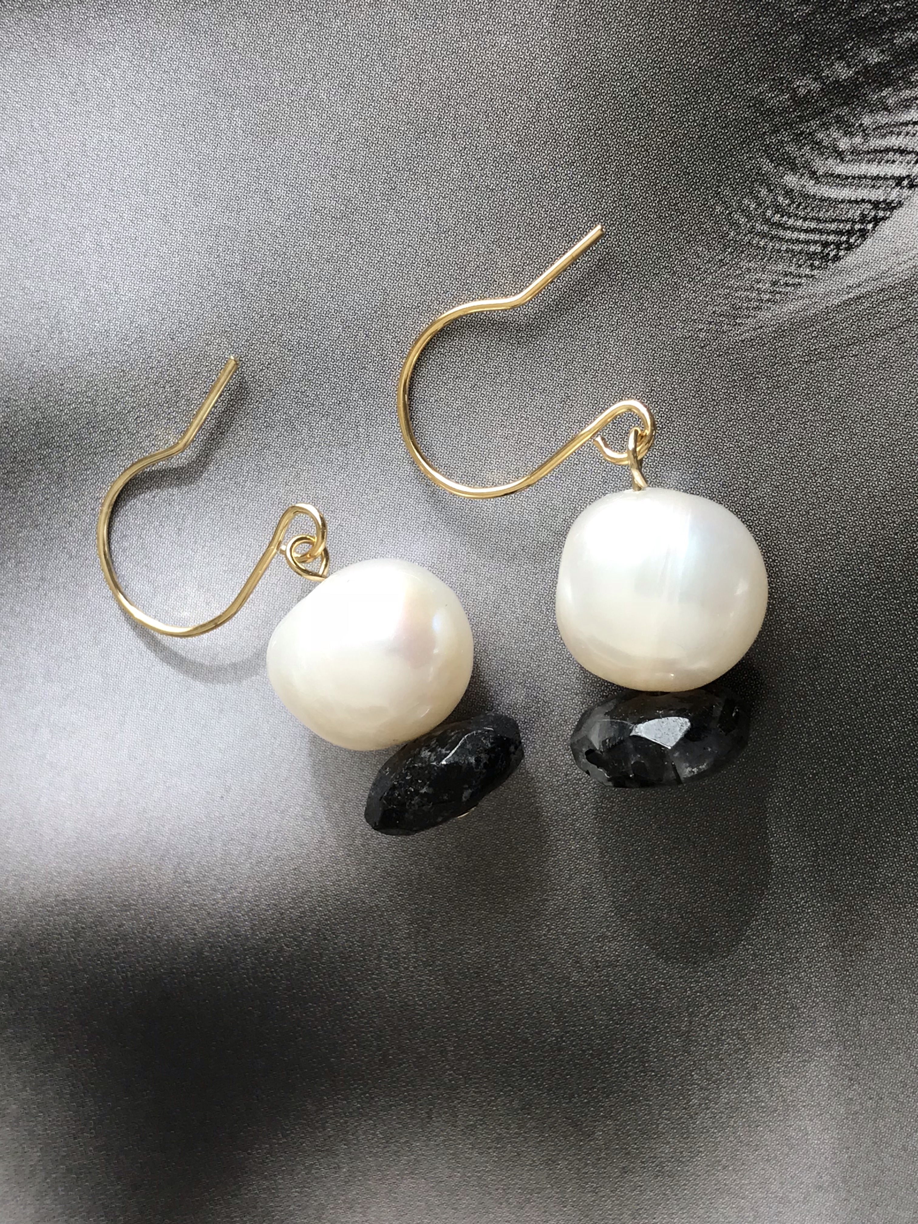 大玉淡水パールとブラックトルマリンクォーツ♚ピアス/ノンホールピアス