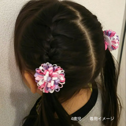 【送料無料】ポンポンリボン  ヘアゴム  トリコロール 4枚目の画像