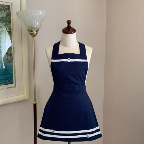 ハンドメイドベビー服 上品なネイビーカラーの前掛けエプロンワンピース マリン◎ネイビー◎洋服みたいなエプロン◎おしゃれエプロン