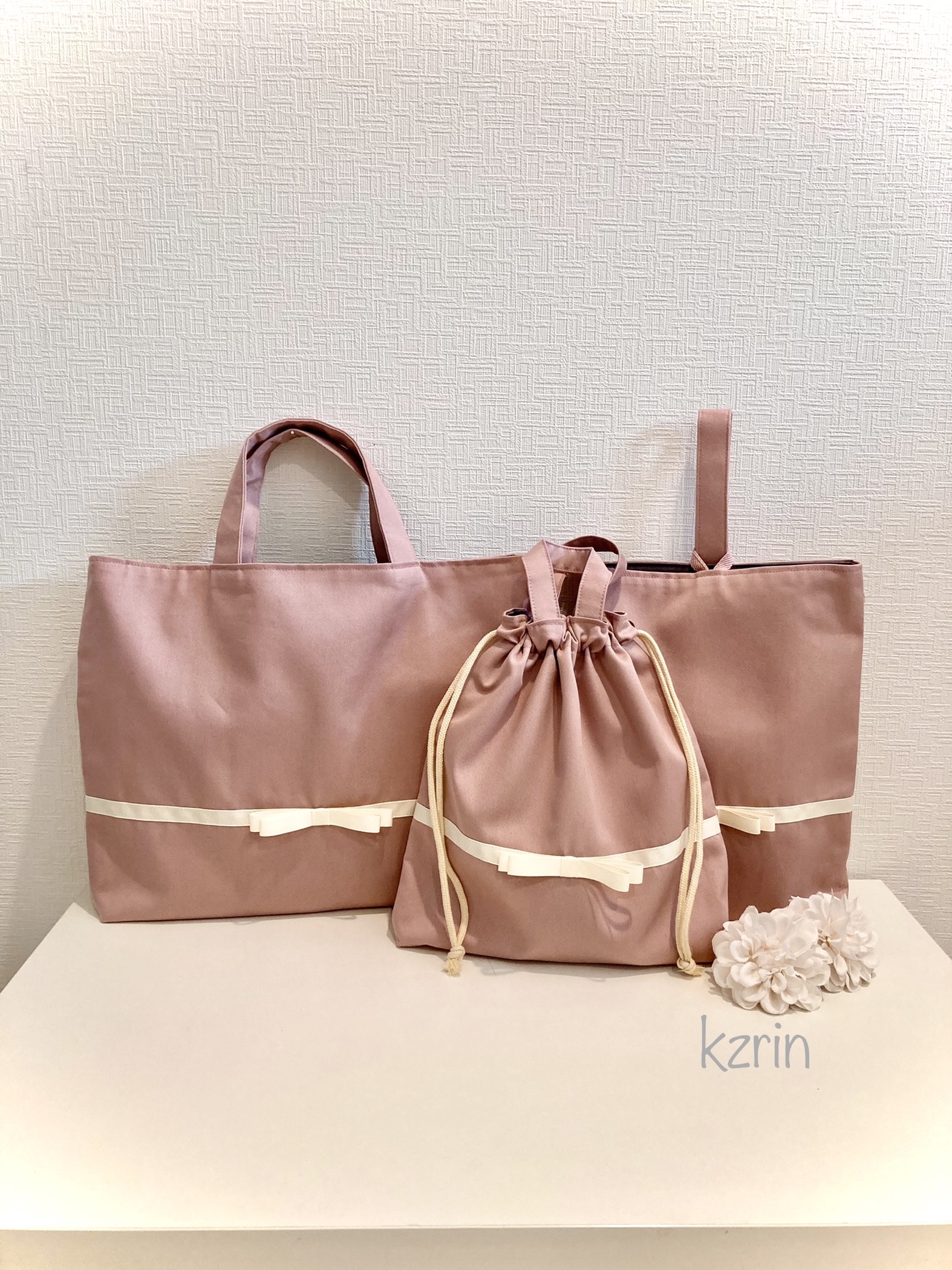 入園入学グッズ【サイズオーダー】ピンク&白リボンのレッスンバック&体操着入れ&上履き入れ