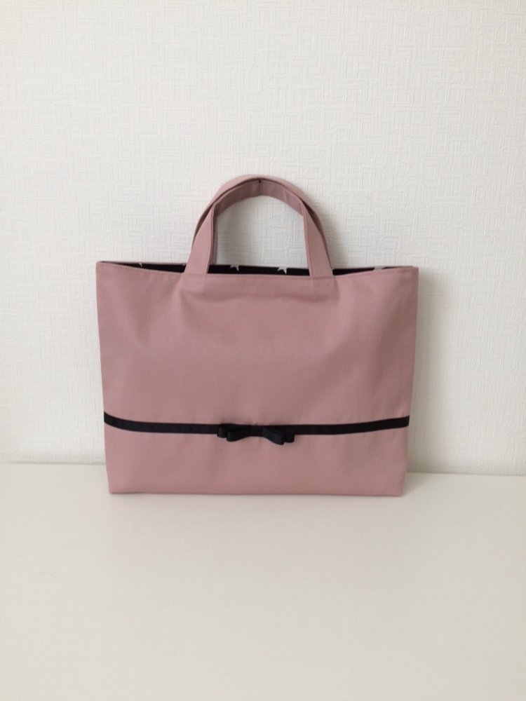 入園入学グッズ【サイズオーダー】ピンク&黒リボンのレッスンバック&体操着入れ&上履き入れ