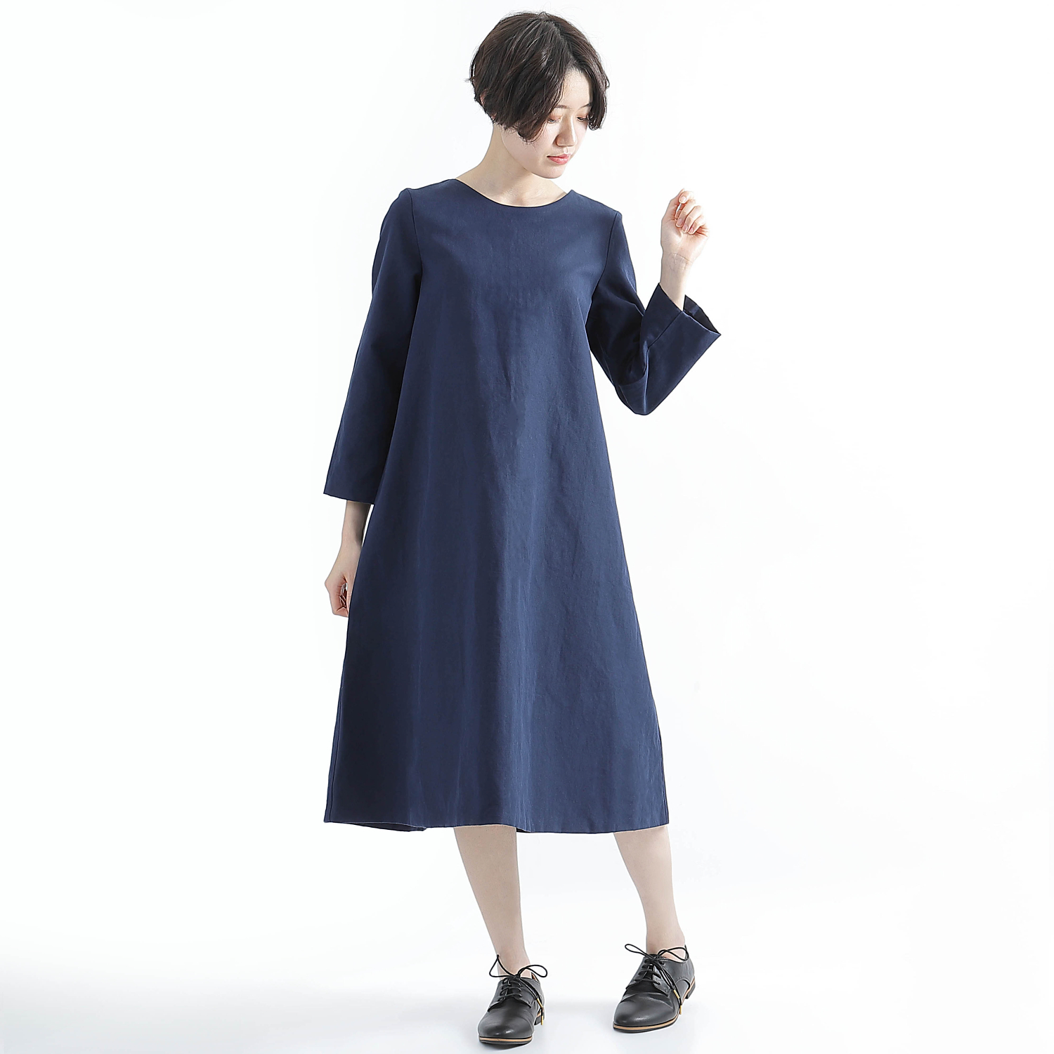 ストレスフリー　着心地のいい　セミオーダー　Ａラインワンピース　ネイビー