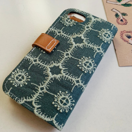 本革＆ミナペルホネン 手帳型スマホケース iPhoneケース アネモネ モス