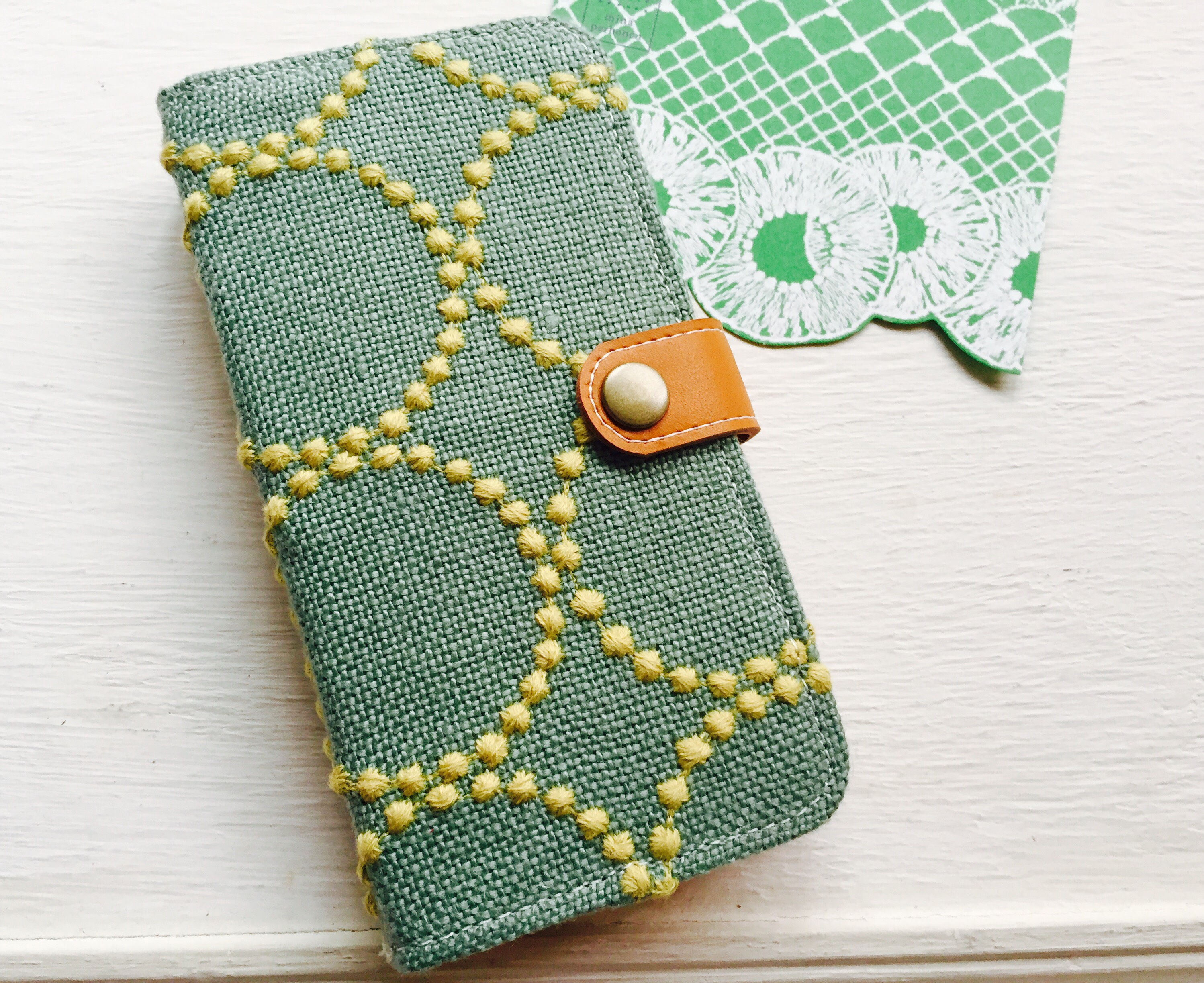 本革&ミナペルホネン◎手帳型iPhoneケース タンバリン ミントグリーン スマホケース