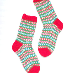 【L】クリスマス靴下♪手編み靴下☆ニットソックス☆洗濯機で洗えます 1枚目の画像
