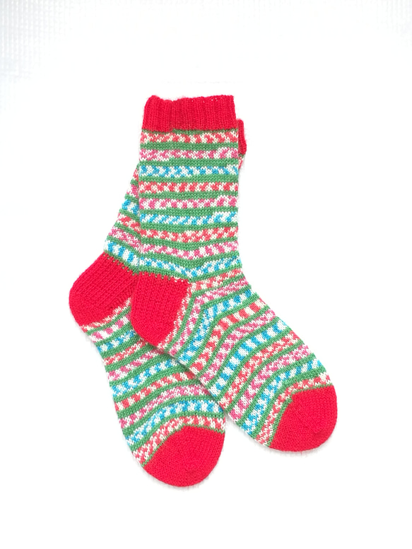 【L】クリスマス靴下♪手編み靴下☆ニットソックス☆洗濯機で洗えます 2枚目の画像