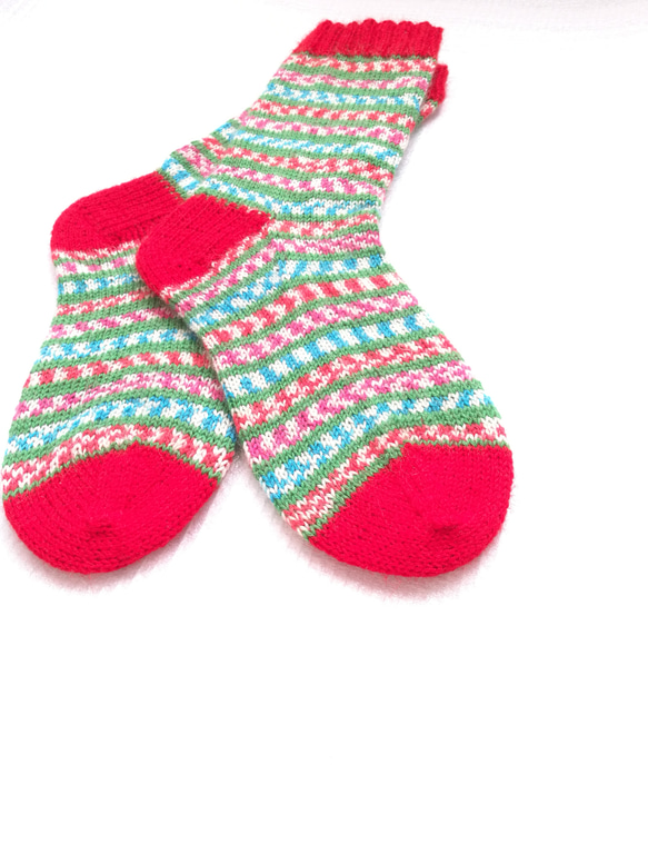 【L】クリスマス靴下♪手編み靴下☆ニットソックス☆洗濯機で洗えます 3枚目の画像