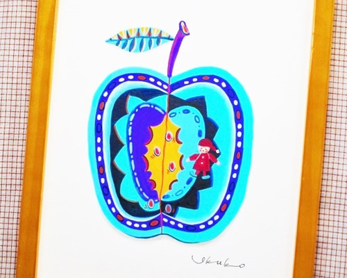 りんごの絵【原画】 アート作品 原画 油絵 水玉りんごIII リンゴのアート 抽象画 F4号