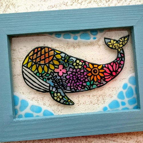 送料無料*ステンドグラス風フレーム*くじら・夏・海・花模様・イラスト