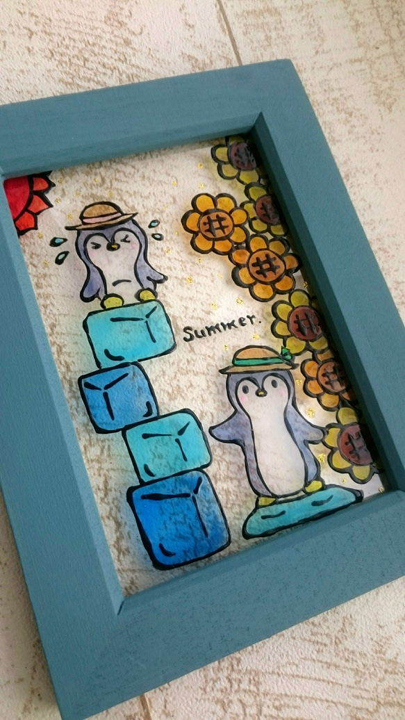 送料無料*ステンドグラス風*ペンギンとひまわり･夏･ハンドメイド♪ 4枚目の画像