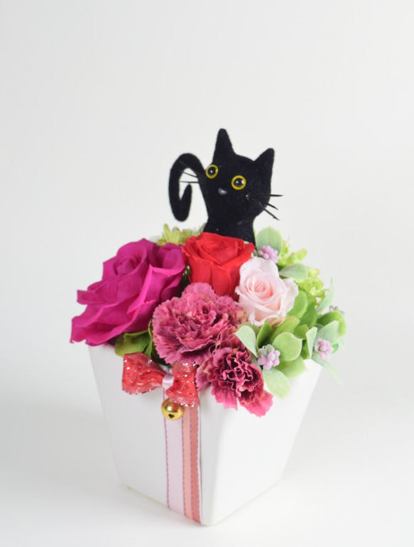 花畑の猫(ピンク)／プリザーブドフラワー    カーネーション 薔薇 フラワーギフト プレゼント  花　猫　黒猫　お礼 2枚目の画像