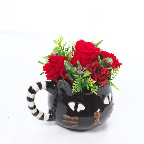 黒猫ポット／プリザーブドフラワー 花 プレゼント  フラワーギフト 猫 ペット　猫の置物 アニマルポット 3枚目の画像