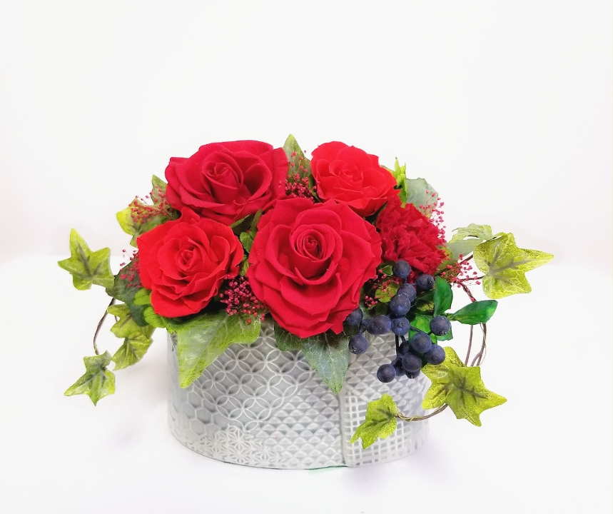 プリザーブドフラワー【ローズ カーネーション】 お祝い 還暦 記念日 誕生日 花  和モダン プレゼント 　フラワー