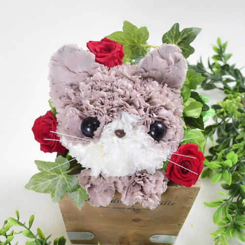 茶猫】プリザーブドフラワー 花 猫 カーネーション ねこ 誕生日