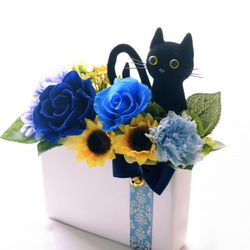 花と猫【ブルー系】プリザーブドフラワー  猫 向日葵 フラワーギフト 夏 花 ねこ ひまわり 3枚目の画像