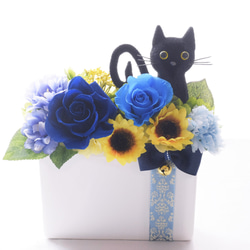 花と猫【ブルー系】プリザーブドフラワー  猫 向日葵 フラワーギフト 夏 花 ねこ ひまわり 7枚目の画像