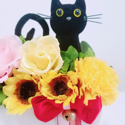 花と猫(ビンク系)／プリザーブドフラワー   猫　薔薇  カーネーション ひまわり フラワーギフト 花 招き猫 No.2 5枚目の画像