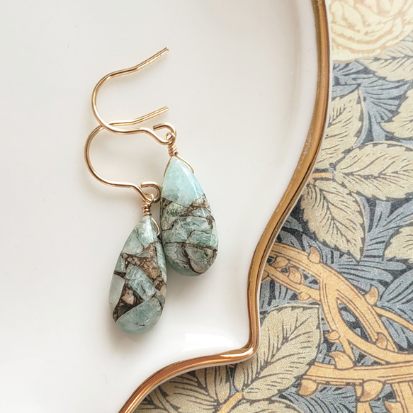 14kgf】天然石 アクアマリンコッパー ピアス /3月誕生石（イヤリング