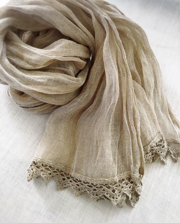 リネン100＊手編みレースのリネンストール＊生成り×生成り