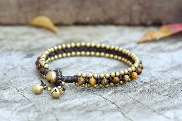 successful tiger's eye brass bell wax cord bracelet 第2張的照片