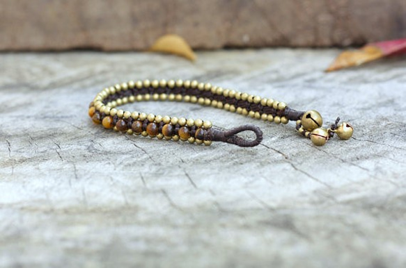 successful tiger's eye brass bell wax cord bracelet 第3張的照片