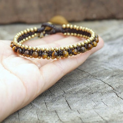 successful tiger's eye brass bell wax cord bracelet 第4張的照片