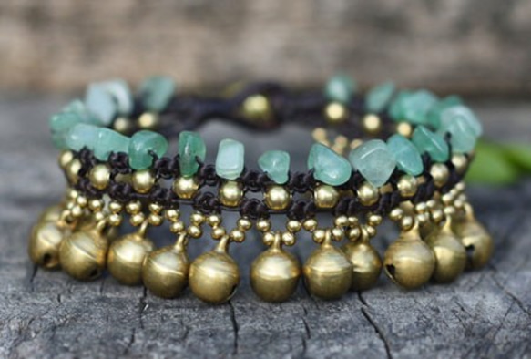 lucky jade brass bell jinggling wax cord bracelet 第1張的照片