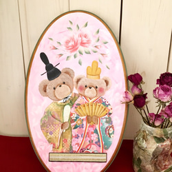 【creema限定】可愛いくまさんのひな祭りボード☆彡薔薇、おひなさま、ひなまつり、デコ＆トールペイント 1枚目の画像