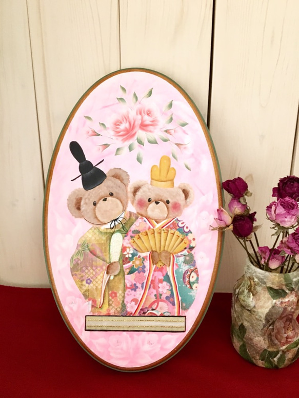 トールペイント　作品　薔薇とテディベア柄ボード トールペイント作品薔薇とテディベア柄ボード