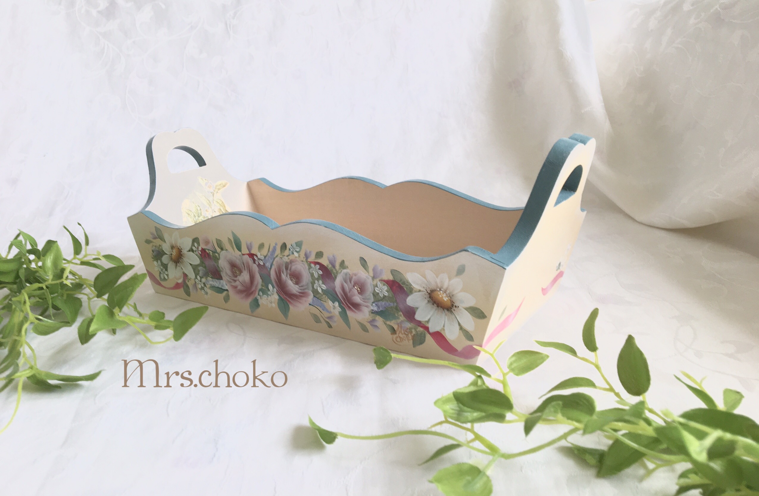 トールペイント作品 フルーツと花のバスケット 仕上っ 飾りトレイ