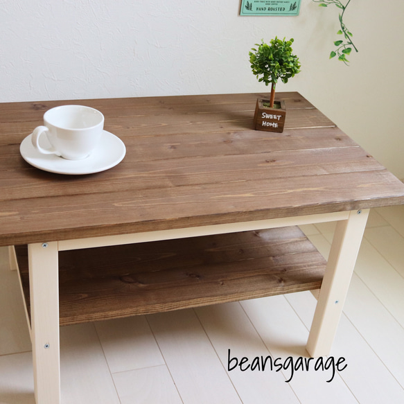 ローテーブル【70×45】カフェ風リビングテーブル 無垢材 棚付きコーヒーテーブル ウォールナット&アースホワイト 2枚目の画像