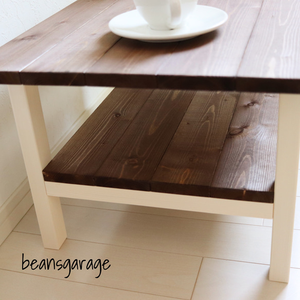 ローテーブル【70×45】カフェ風リビングテーブル 無垢材 棚付きコーヒーテーブル ウォールナット&アースホワイト 4枚目の画像