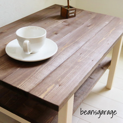 ローテーブル【70×45】カフェ風リビングテーブル 無垢材 棚付きコーヒーテーブル ウォールナット&アースホワイト 5枚目の画像