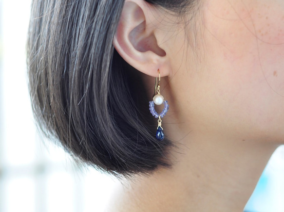 AKOYAパールピアス、 キナイトピアス、 ブルータンザナイトピアス。Pearl Tanzanite Earring. 4枚目の画像