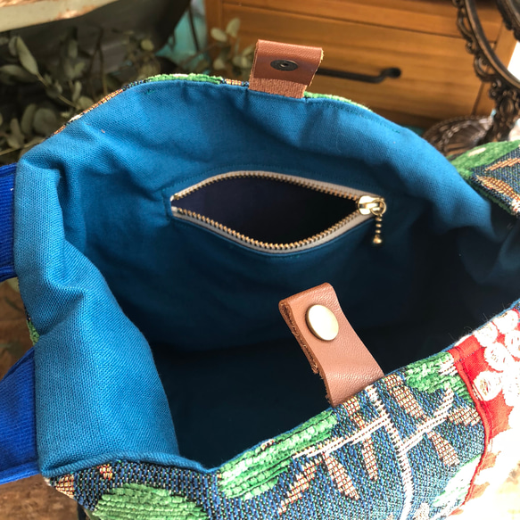 しずく型ワンハンドルbag 冬仕様 グリーン花柄×パープルコーデュロイ 4枚目の画像