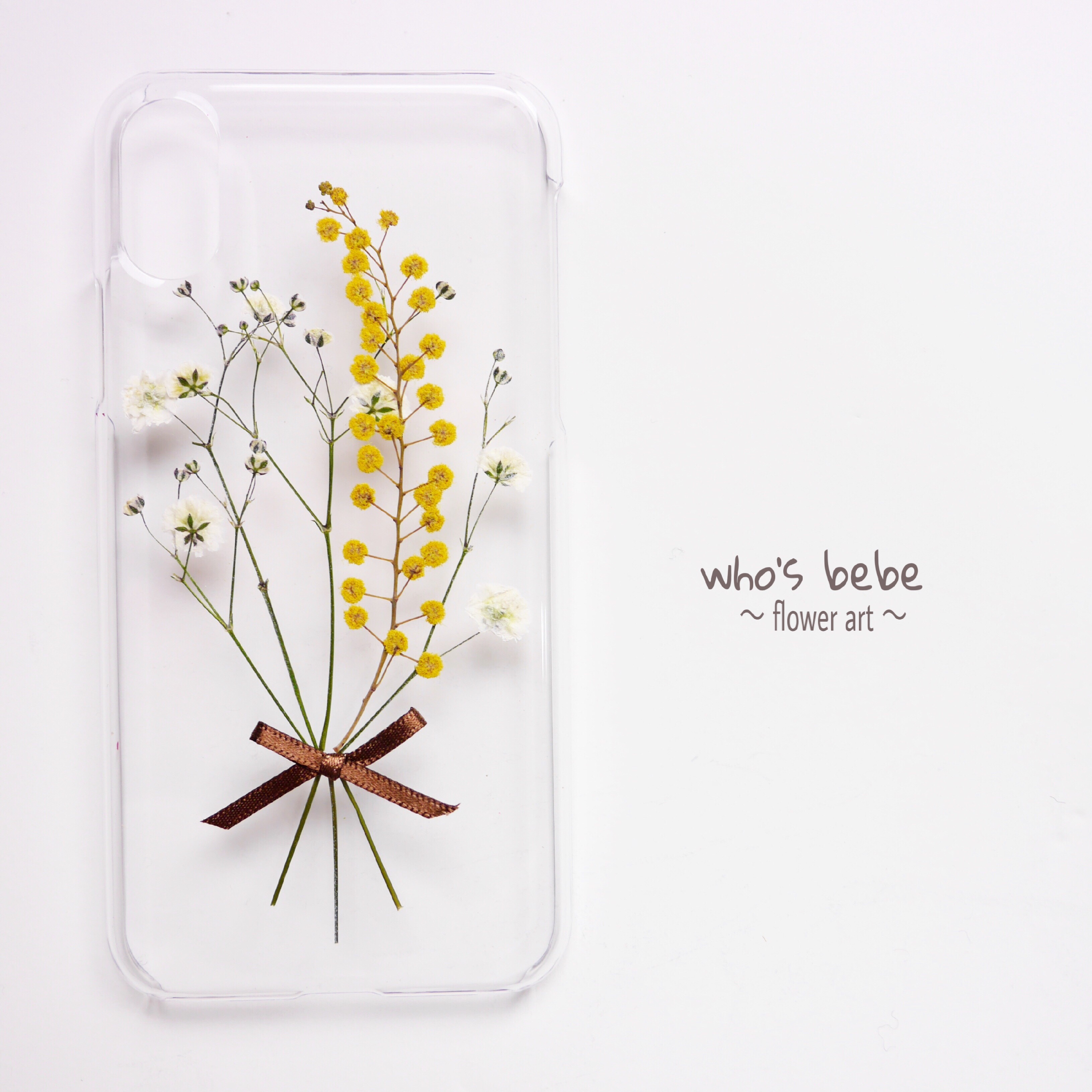 ハンドメイド　勿忘草とミモザとかすみ草の押し花　スマホリング/バンカーリング ミモザとかすみ草のブーケ押し花スマホケース＊ iPhoneケース