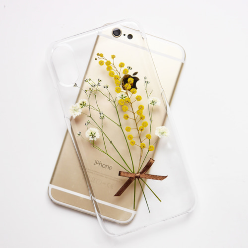 ミモザとかすみ草のブーケ押し花スマホケース＊ iPhoneケース