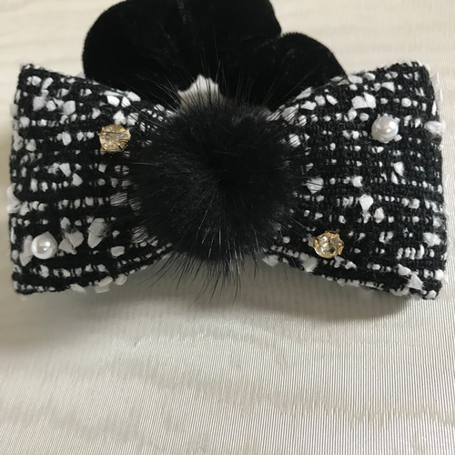 丸ミンクファー付き 高級ツイードリボン パール＆ラインストーン