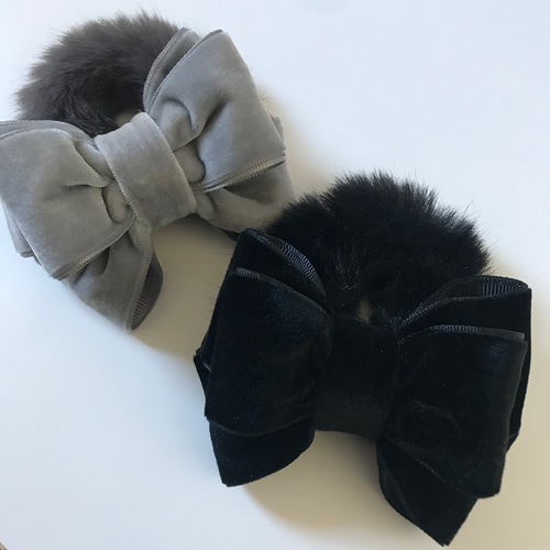 ファー シュシュ ベロアリボン ワイヤー入り立体リボン シュシュ