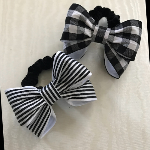 ワイヤー入り ギンガムチェック リボン シュシュ ヘアゴム シュシュ