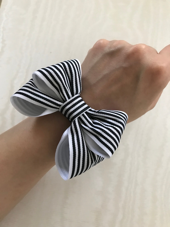 ボーダーリボン ワイヤー入り リボン シュシュ ヘアゴム シュシュ 