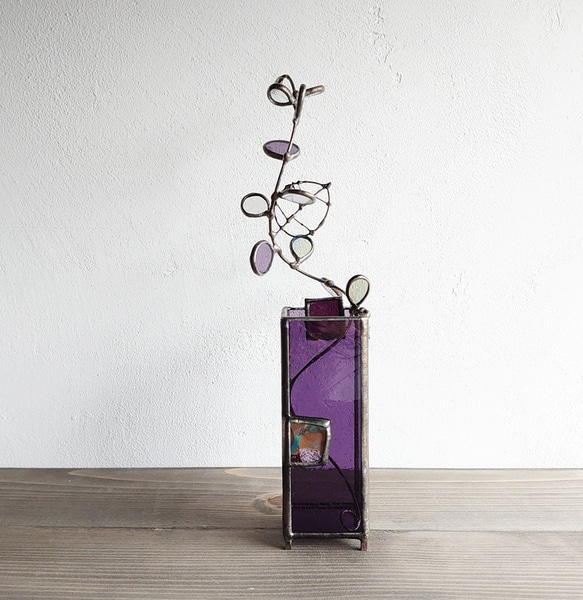 四角パーツの小さな花器スリム・シリンダー付き・紫 5枚目の画像